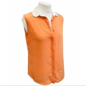 MASSIMO DUTTI SILK BUTTON DOWN SLEEVELESS SHIRT TANGERINE ORANGE WHITE COLLAR M